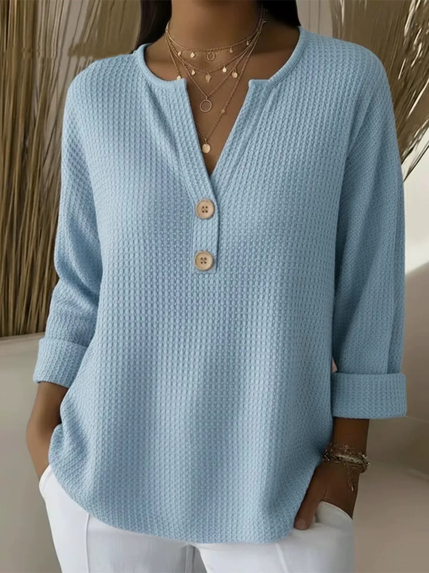 FLASH SALE – Waffle Knit Button V-Neck Top