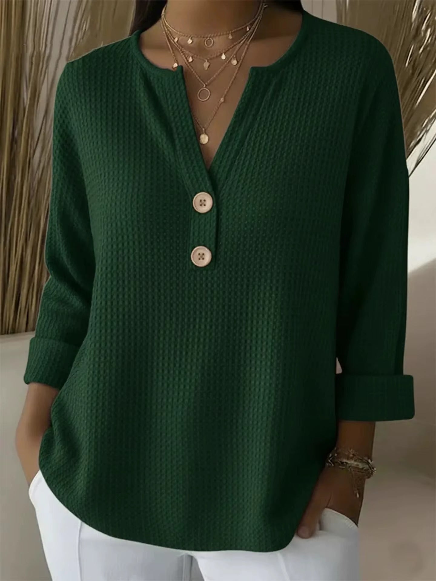 FLASH SALE – Waffle Knit Button V-Neck Top