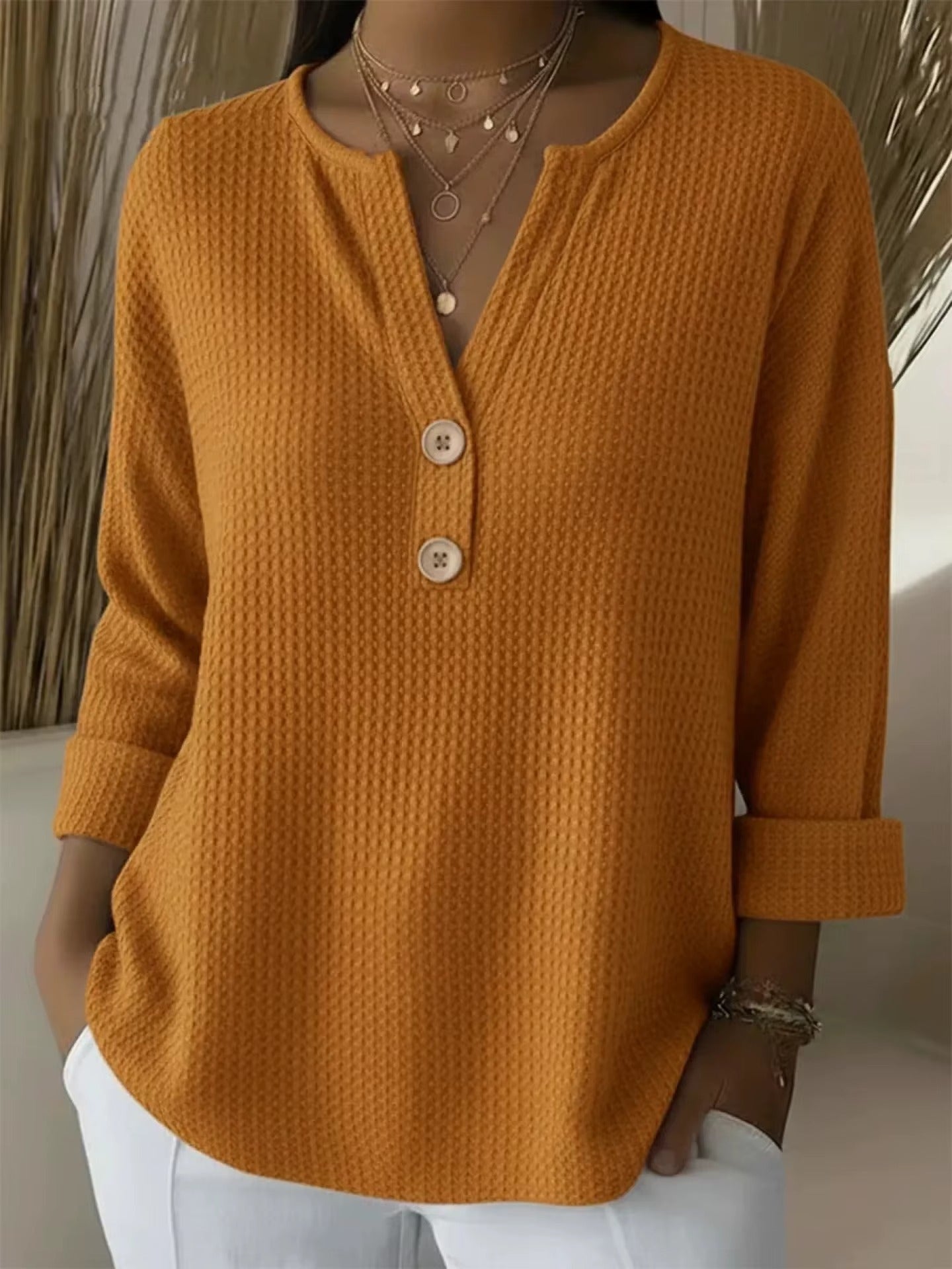FLASH SALE – Waffle Knit Button V-Neck Top