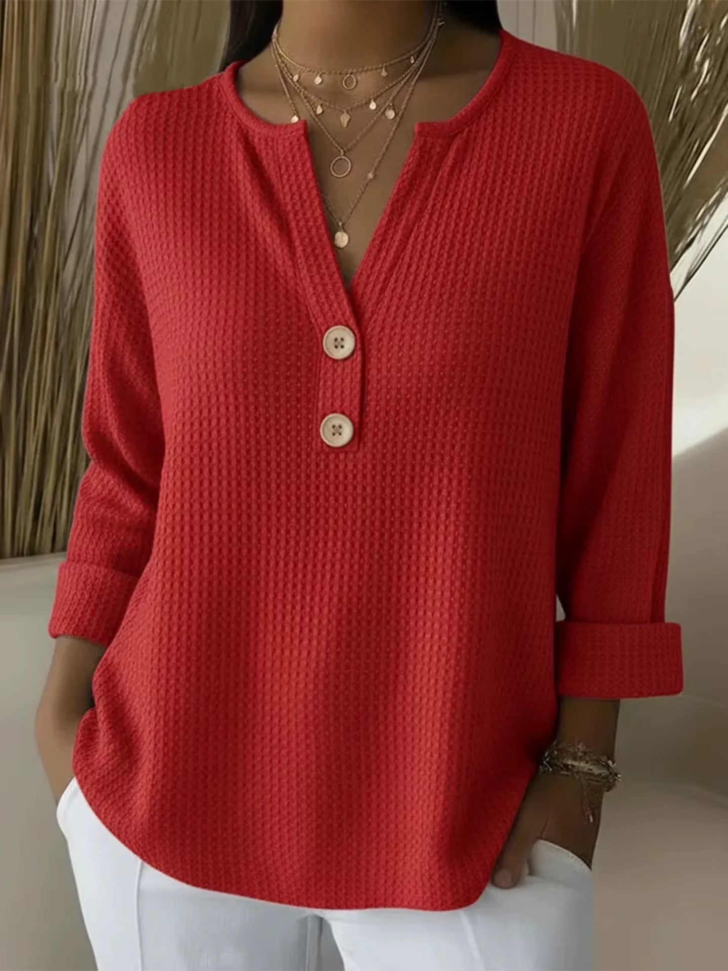 FLASH SALE – Waffle Knit Button V-Neck Top