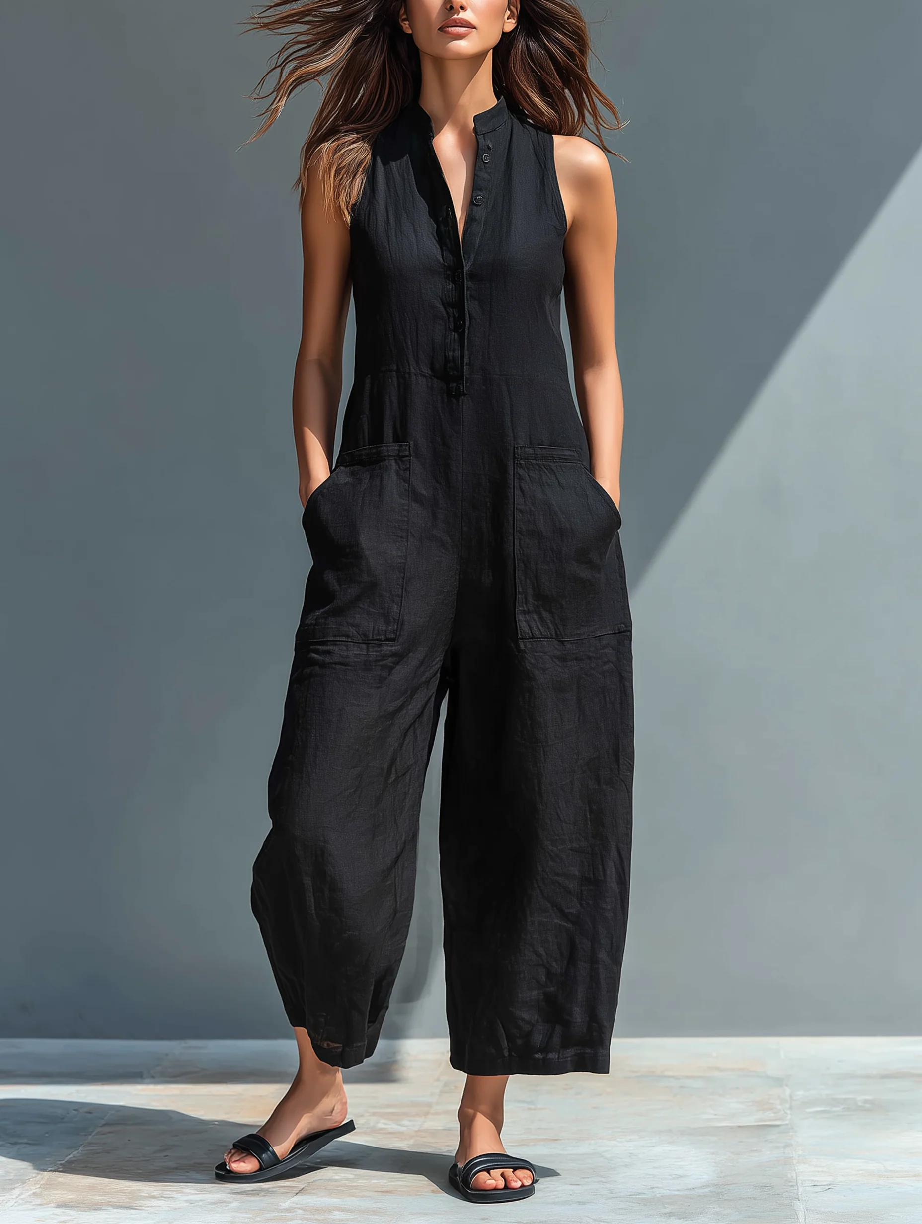 Minimalist Black Linen Easy-Wear Jumpsuit