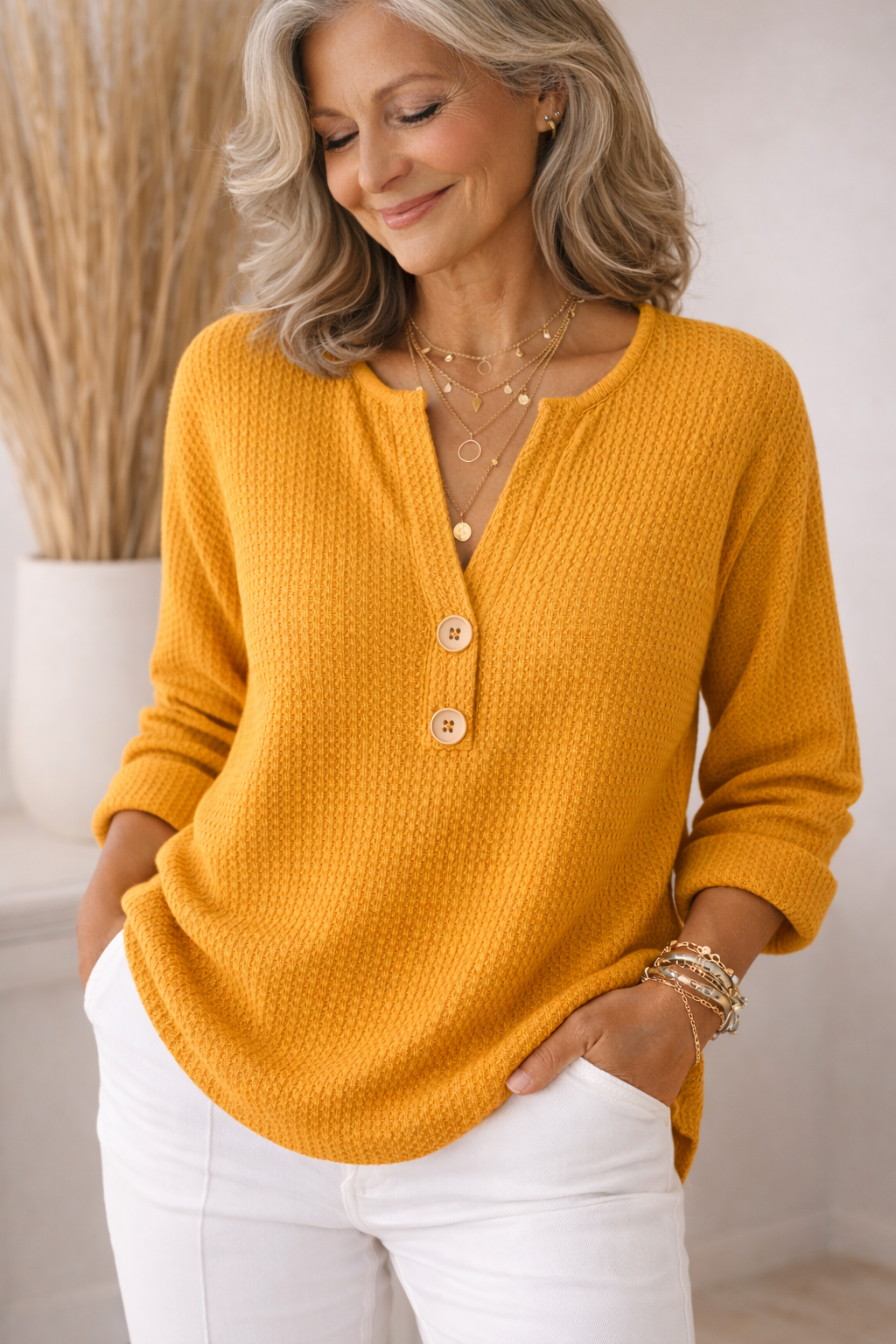 FLASH SALE – Waffle Knit Button V-Neck Top