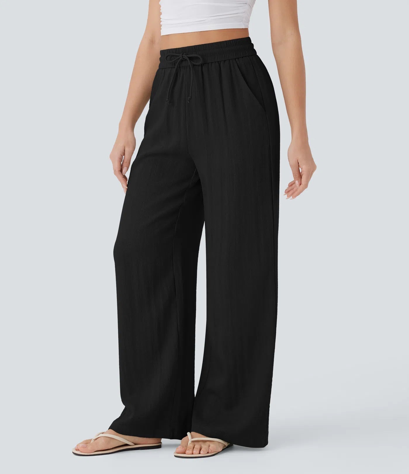 🔥 Best Seller | High Waisted Drawstring Wide Leg Casual Soft Touch Trousers with Side Pockets