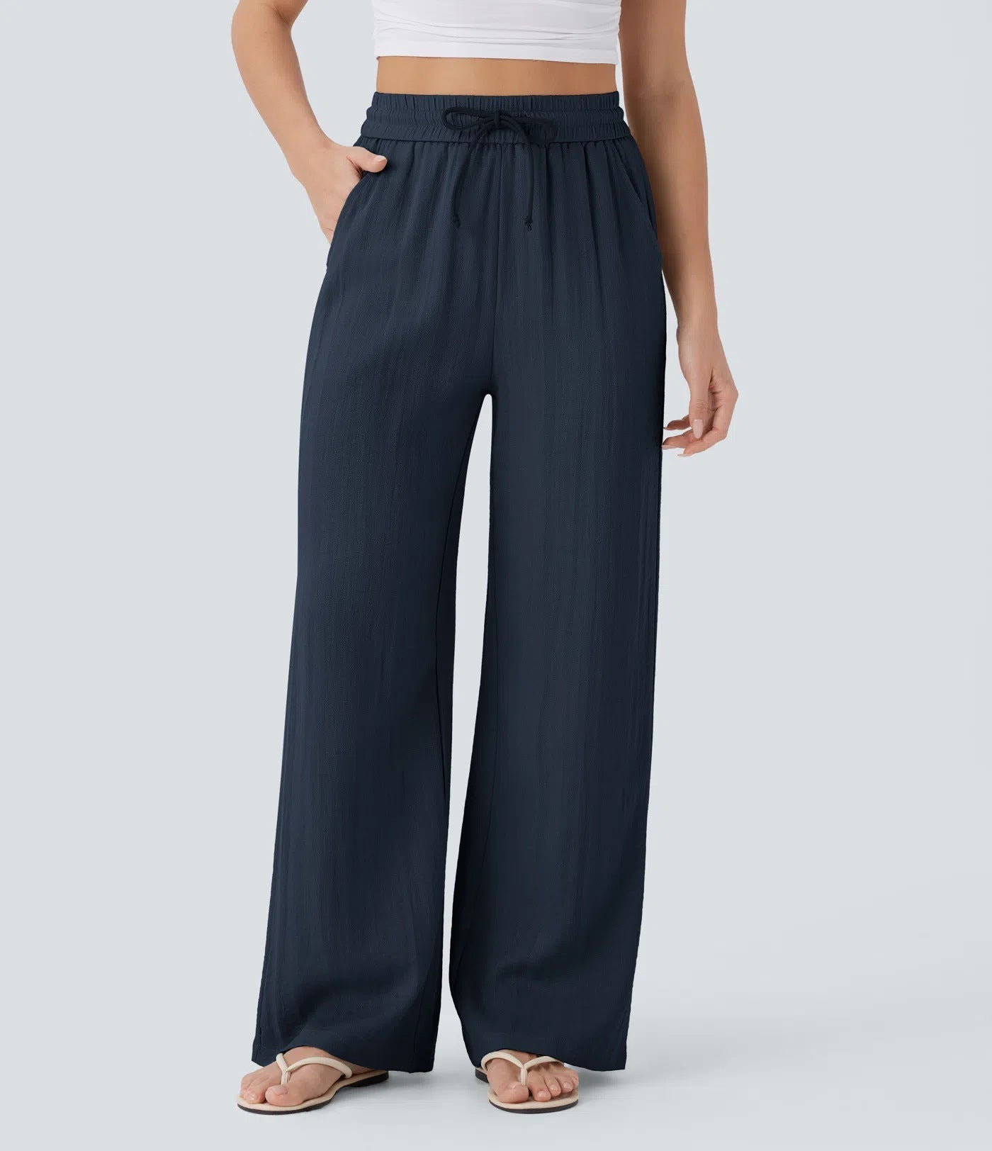 🔥 Best Seller | High Waisted Drawstring Wide Leg Casual Soft Touch Trousers with Side Pockets